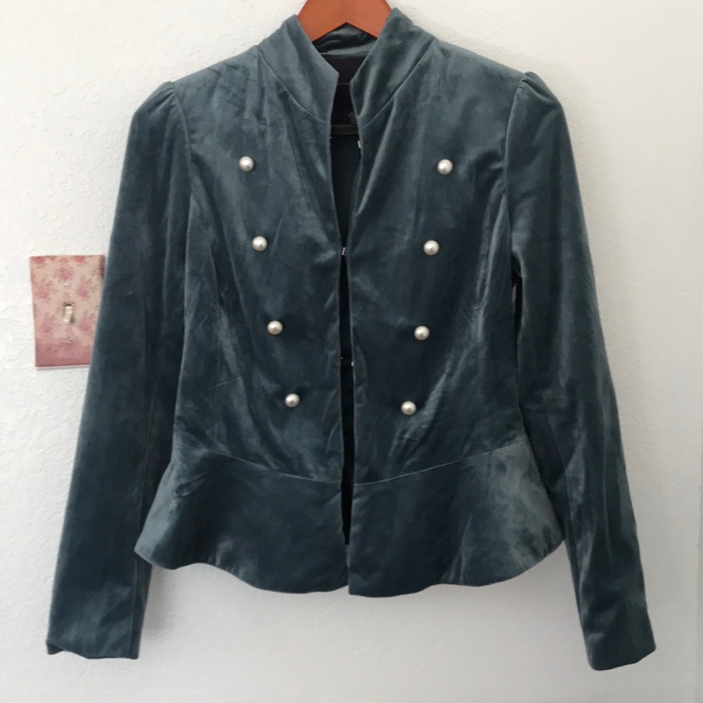 Amaryllis / sea blue velvet peplum blazer